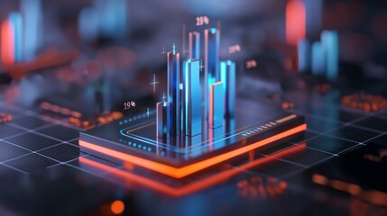 Poster - A futuristic business data statistics scene with a glowing 3D bar graph rising from a sleek glass surface, vibrant blue and orange color-coded data bars, digital numbers