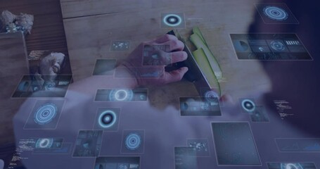 Poster - Hand slicing vegetables with digital interface animation overlaying futuristic data