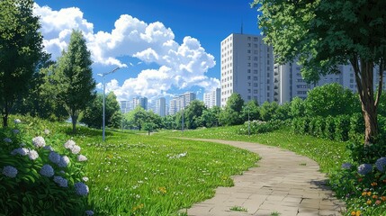 Wall Mural - a sunny day in a city park, green meadows, tall trees, and blue skies setting a relaxing mood.
