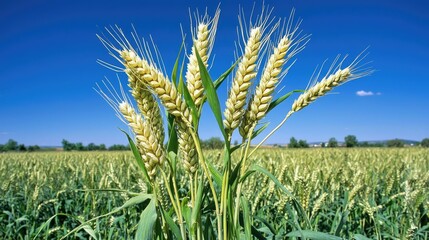Wall Mural - a wide-open wheat field, fresh green stalks and a deep blue sky creating a breathtaking scene.