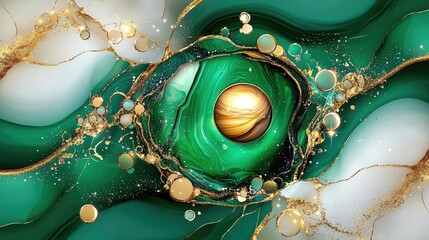 Aufkleber - Abstract fluid art with swirls of emerald green and shimmering gold, perfect for contemporary decor.