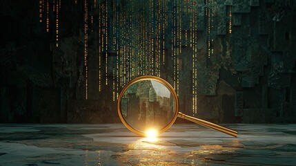 Poster - Abstract forensic analysis scene with a magnifier over text, surrounded by floating numbers.