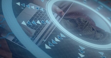 Poster - typing on laptop, person using futuristic digital interface with animation elements