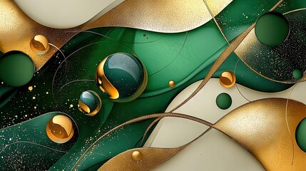Fototapete - Artistic abstract ink splashes in deep green and metallic gold, elegant and visually captivating.