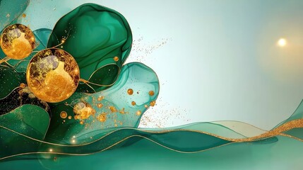 Fototapete - Artistic abstract ink splashes in deep green and metallic gold, elegant and visually captivating.