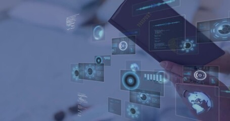 Poster - Digital data and biometric analysis animation over person holding passport
