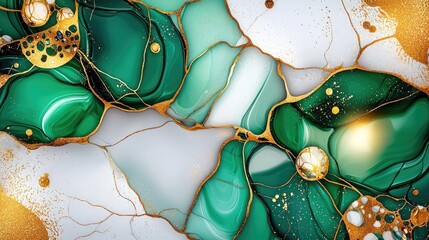 Poster - Dynamic green and gold ink patterns blending seamlessly, creating a sophisticated, artistic texture.