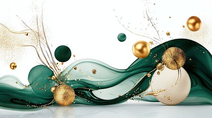 Fototapete - Elegant abstract green and gold ink flowing across a white background, luxurious and modern design.