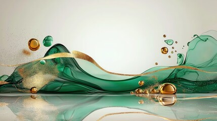 Fototapete - Elegant abstract green and gold ink flowing across a white background, luxurious and modern design.