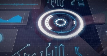 Poster - Circular graphics and circuit patterns creating futuristic animation interface design