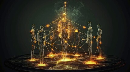 Poster - Minimalist infographic-style design of a human connection network with glowing points.