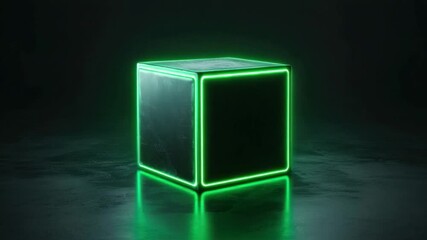 Poster - Futuristic green illuminated cube on a dark background, showcasing sleek edges and reflective surface, creating a modern tech-inspired aesthetic.