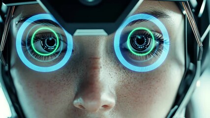 Poster - Cinematic close up portrait of a female cyborg with intricate robotic features and vivid eyes, Female cyborg portrait cinematic close up zoom