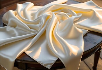 Poster - Golden Silk: An elegant and luxurious silk cloth elegantly draped across a polished wooden surface, bathed in a soft, warm light, evoking a sense of opulence and timeless beauty.