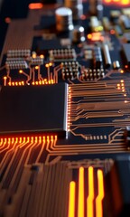 Fototapete - A close up of a computer chip with a bright orange glow. Concept of technology and innovation, as well as the complexity of modern electronics