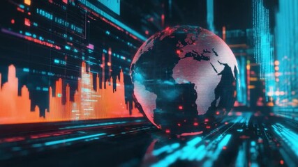 Poster - Futuristic Digital World Map with Bright Data Visuals and Financial Graphs Representing Advanced Technology and Global Connectivity