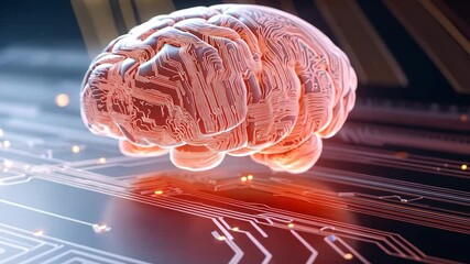 Fototapete - A brain is shown on a computer chip. The brain is red and white and is surrounded by a black background. Concept of technology and the idea of the brain being a complex and intricate system