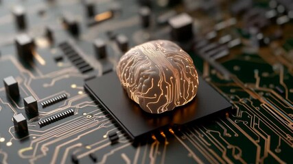 Poster - A computer chip with a brain on it. The brain is glowing and the chip is black. Concept of technology and the human brain, and the mood is futuristic and mysterious