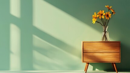 Poster - Golden Floral Display: A charming wooden cabinet is adorned with a glass vase of vibrant yellow flowers against a soft green backdrop, creating a scene of natural elegance and tranquil atmosphere.