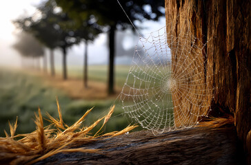 a spider web is on a tree trunk