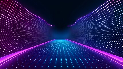 Poster - Futuristic LED tunnel with vibrant neon lights.  A mesmerizing tunnel effect with a dark background, illuminated by a dazzling array of vibrant purple and blue LED lights. 