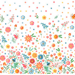 Wall Mural - Floral embroidery with border on white background seamless ornament. Beautiful delicate print for fabric. Large and small embroidered flowers, berries and leaves.