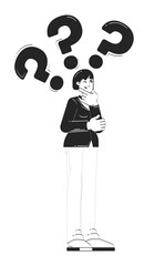 Poster - Asian business woman thinking with question marks doodle linear character. Thoughtful korean businesswoman decision making 2D vector outline person isolated. Hand drawn drawing illustration monochrome