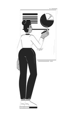 Poster - Black woman analyzing pie chart on presentation board doodle linear character. Female analyst pen drawing data report 2D vector outline person isolated. Hand drawn drawing illustration monochrome