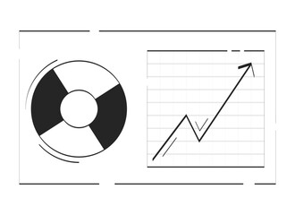 Poster - Business analytics dashboard with chart and graph doodle linear object. Data analysis. Piechart, upward trend 2D vector outline clip art drawing isolated on white. Hand drawn sketch illustration
