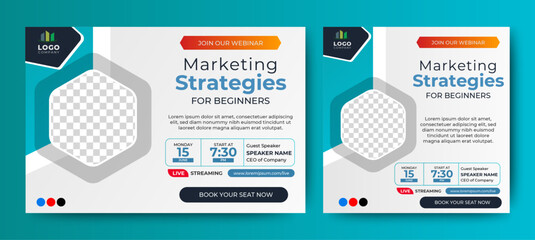 Poster - Marketing Strategies live webinar banner invitation and social media post template. Business webinar invitation design