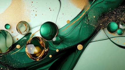 Fototapete - Sophisticated ink art with fluid green shades and shimmering golden highlights.