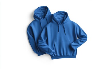 two matching royal blue hoodies, laid flat, featuring ribbed cuffs and hem, and a drawstring hood
