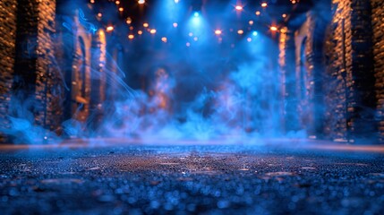 Wall Mural - asphalt street is shrouded in a deep blue hue, with wisps of smoke swirling through air,