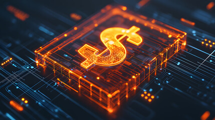 Poster - Digital finance revolution photorealistic glowing dollar symbol in futuristic tech environment