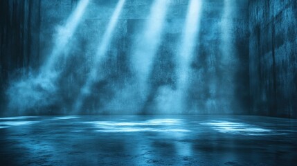 Poster - A dimly lit, empty space with blue tones and light beams shining through, creating a mysterious and atmospheric environment.