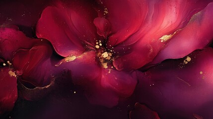 Poster - A vibrant abstract depiction of flowers in deep red hues, adorned with golden accents, creating a rich and luxurious visual experience.