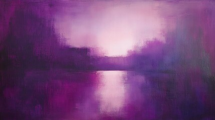 Poster - A serene landscape painting featuring soft purple hues reflecting on water, creating a tranquil and dreamy atmosphere.