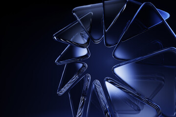 Poster - Dark blue background with glass circle of transparent triangle plates 3d render. Crystal glossy shapes with light refraction on abstract bg. Futuristic wallpaper, digital tech banner. 3D illustration