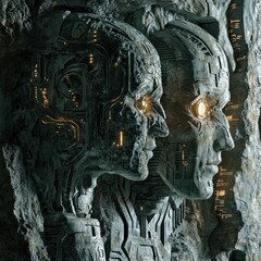 Poster - Stone Guardians: Futuristic Carvings with Luminescent Eyes in a Cave Setting