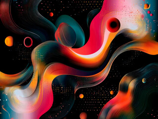 Wall Mural - Abstract cosmic digital artwork featuring fluid, colorful waves and glowing orbs against a dark background, evoking a futuristic and space-inspired aesthetic. 
