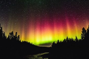 night sky spectacle of vibrant aurora borealis over a forest