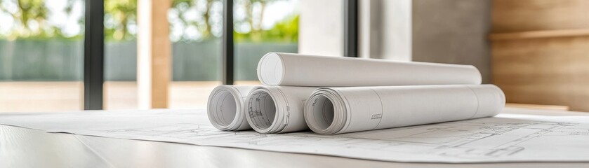 architect's blueprint rolls on table with natural light and modern background