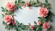 © natakot - A stunning arrangement of handcrafted pink roses and vibrant green leaves creates a beautiful border around a blank space, perfect for personalized messages. This enchanting floral design evokes