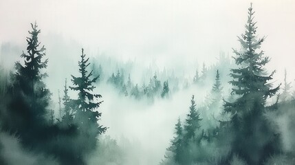 Wall Mural - a serene landscape featuring tall evergreen trees shrouded in mist, creating a tranquil, atmospheric
