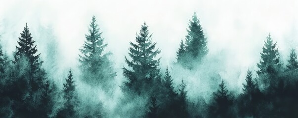 Wall Mural - a serene forest scene with tall, dark evergreen trees shrouded in a mysterious mist, creating a tran