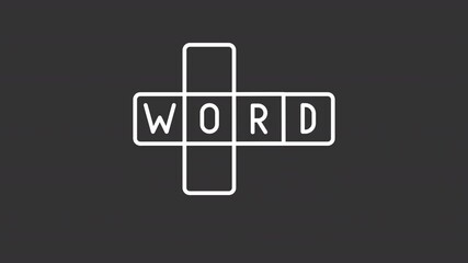 Poster - Animated scrabble white icon. Arranging word in crossword line line animation. Learning while playing game. Isolated illustration on dark background. Transition alpha video. Motion graphic
