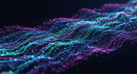 Poster - Abstract Digital Landscape Neon Waveform Visualization  Network Connection Data Flow