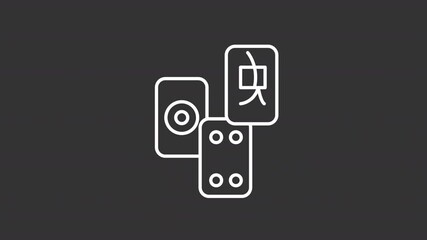 Poster - Animated mahjong white icon. Tiles with symbols shuffling line animation. Chinese tabletop game. Leisure activity. Isolated illustration on dark background. Transition alpha video. Motion graphic