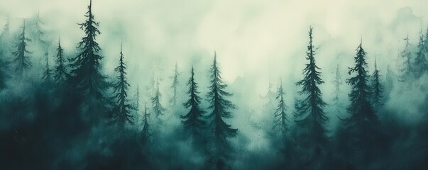 Wall Mural - a misty forest landscape featuring tall evergreen trees, creating a serene and atmospheric scene.