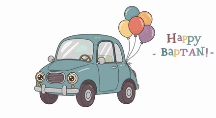  Cute cartoon car with balloons celebrating a special event, festive occasion.